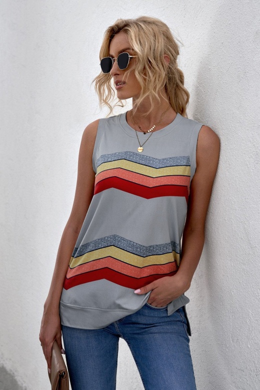 Women's Casual Crew Neck Gray Colorblock Stripes Tank Top