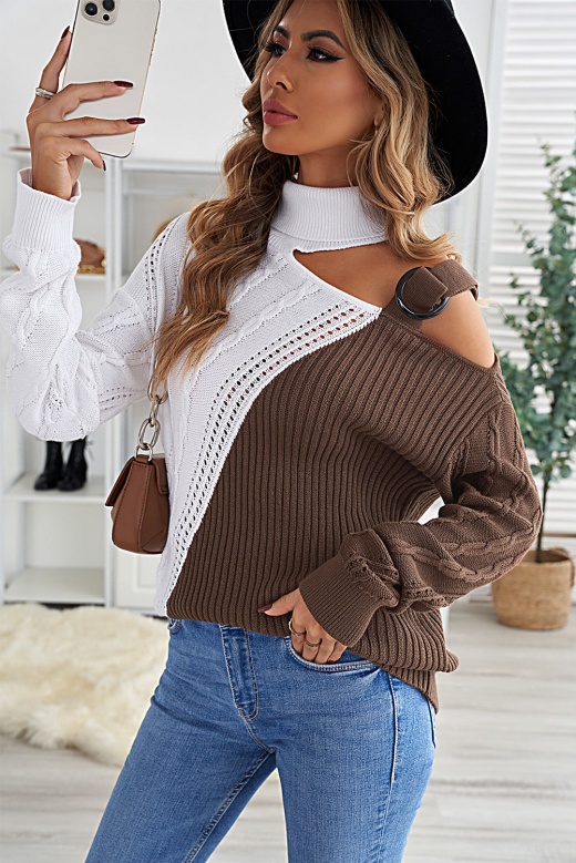 Chic Brown White Turtleneck Cold Shoulder Sweater for Women