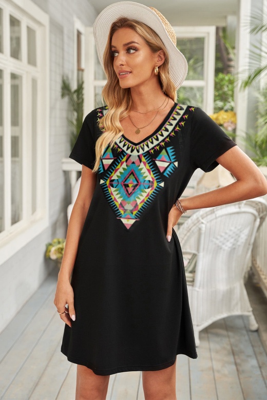 Black Boho Ethnic Print Short Sleeve Mini Dress