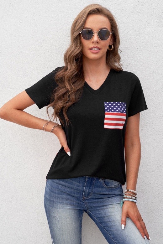 Women's Short Sleeve Black Usa Flag Print T-Shirt