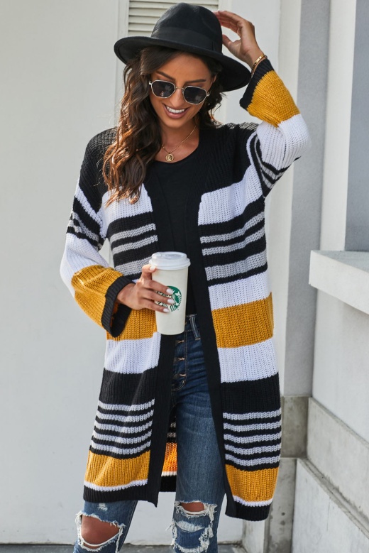 Multicolor Pocketed Novelty Striped Chenille Long Cardigan for Women