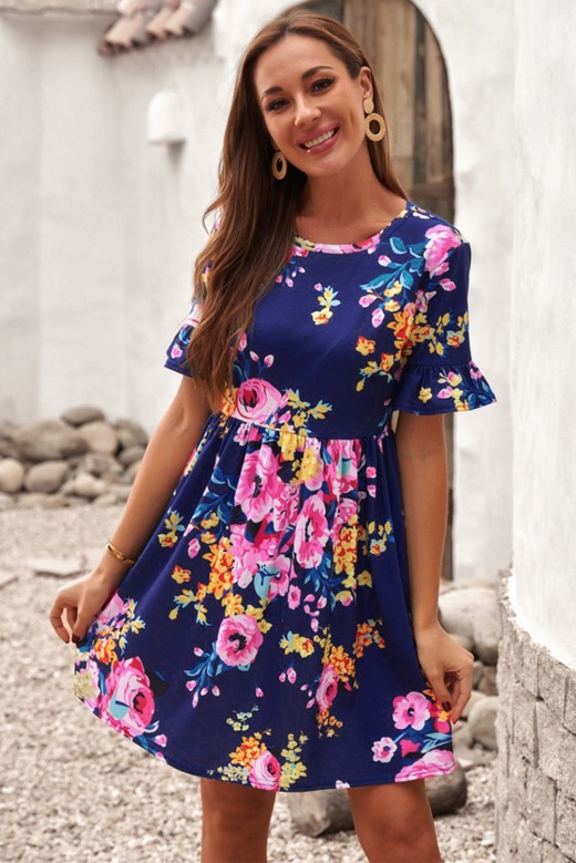 Dark Blue Ruffled Round Neck Short Sleeve Floral Dress