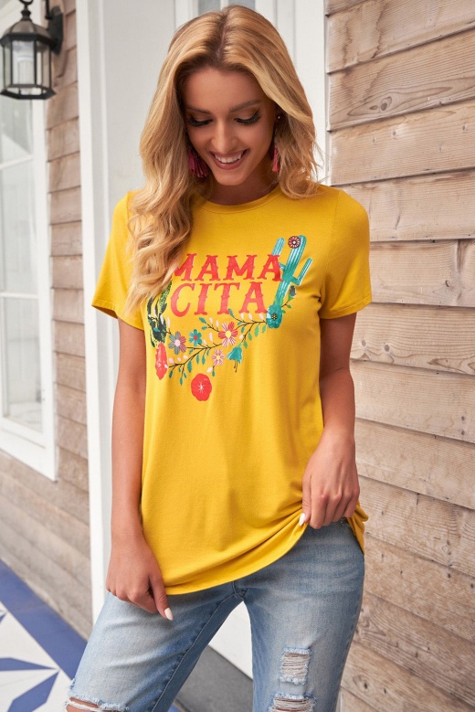 Modeshe Women Yellow Mamacita With Cactus Casual Short Sleeve Tee