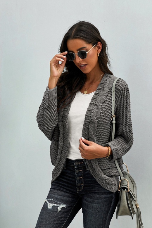 Gray Chunky Knit Solid Pocket Cardigan