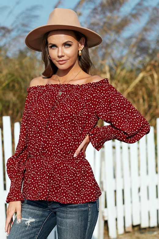 Red Polka Dot Off Shoulder Ruffle Long Sleeve Blouse Top