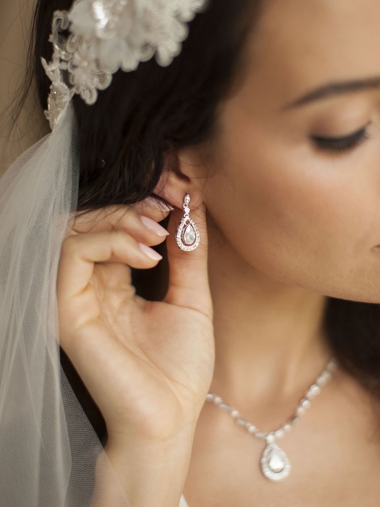 Cubic Zirconia Bridal Earrings With Pear Teardrops