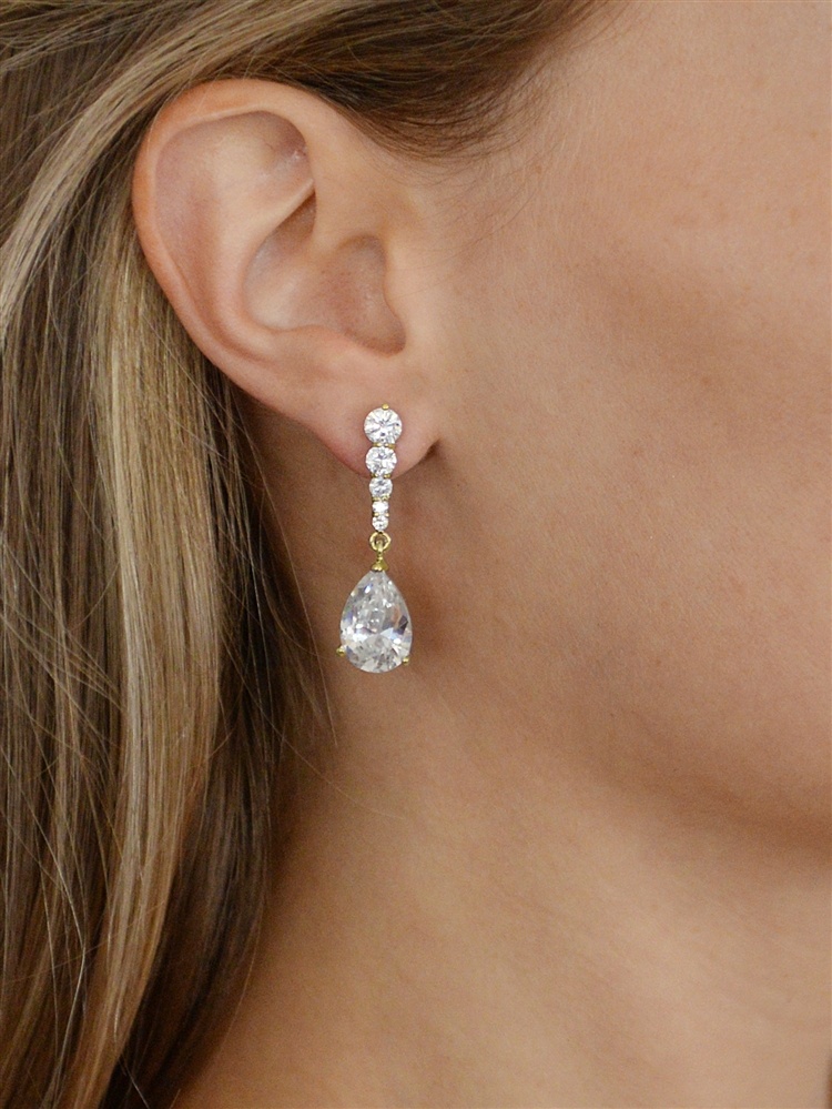 14K Gold Plated Pear-Shaped Cz Dangle Earrings With Graduated Top