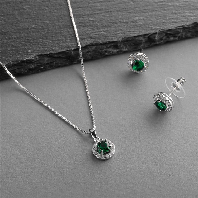 Cubic Zirconia Round Shape Halo Necklace And Stud Earrings Set - Emerald