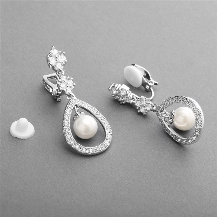 Pave Cz Wedding Clip Earrings With Caged Pearl