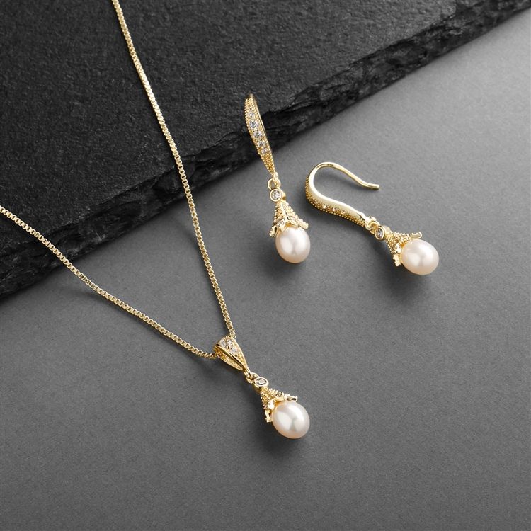 14K Gold Wedding Necklace & Earrings Jewelry Set With Freshwater Pearl