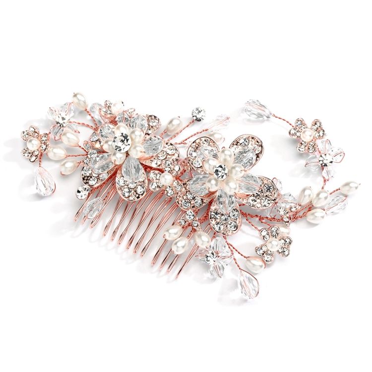 Fabulous Rose Gold Wedding Or Brides Hair Comb With Pearl And Crystal Sprays