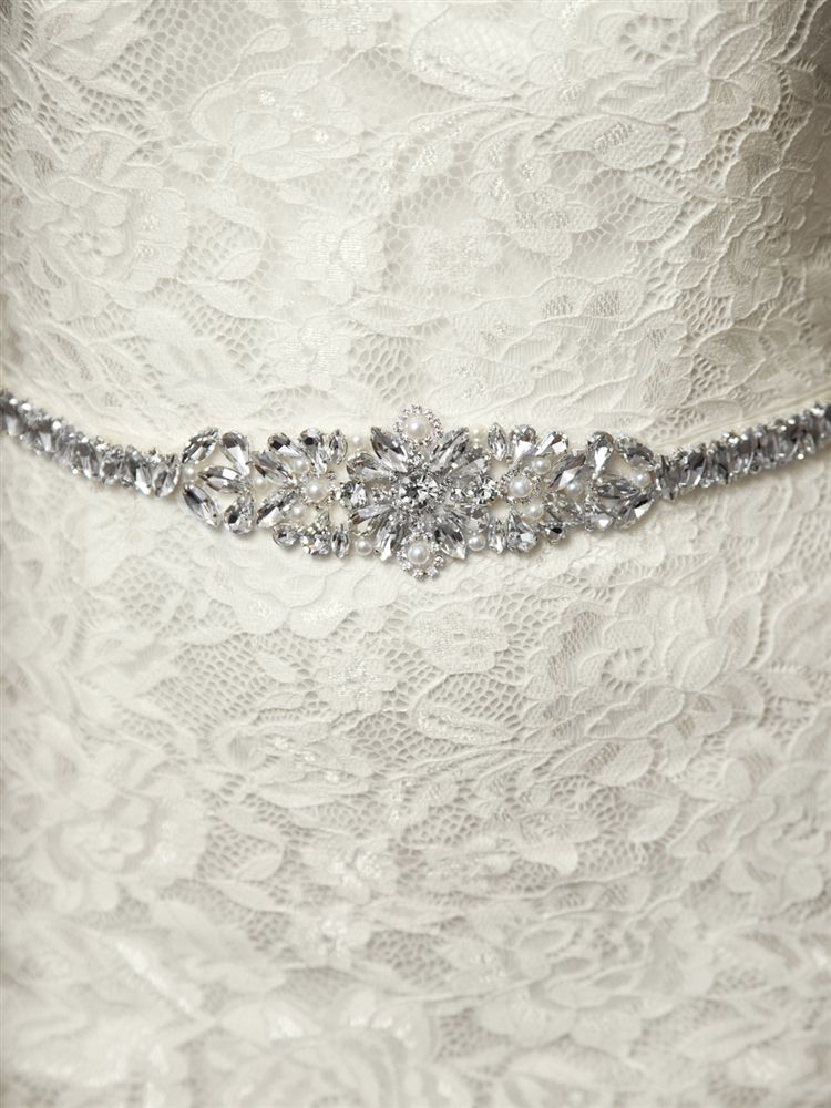 Tapered Silver Bridal Belt With Austrian Crystals And Ivory Pearls