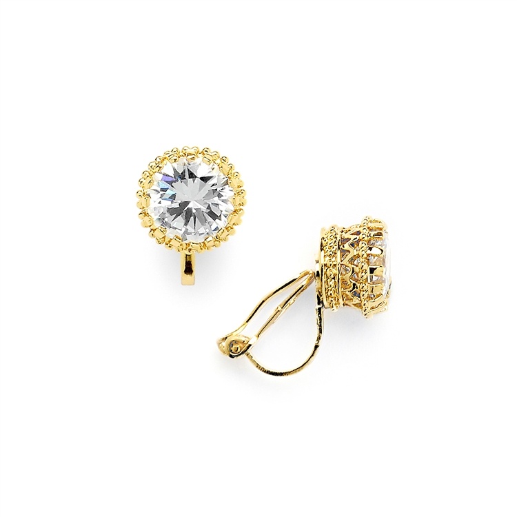 Gold Crown Setting Clip-On 2.0 Carat Round Solitaire Cubic Zirconia Stud Earrings
