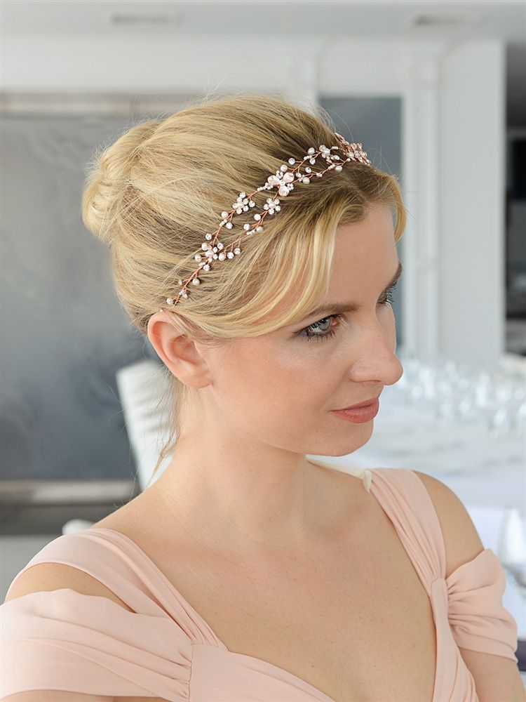 Handmade Bridal Headband With Painted Rose Gold Vines
