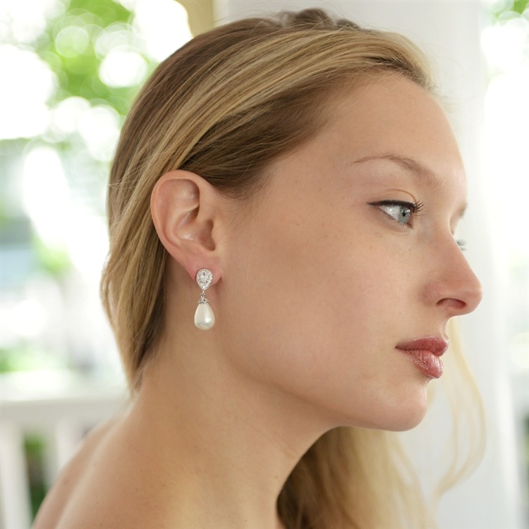 Cz Pear Bridal Earrings With Bold Soft Cream Pearl Drops