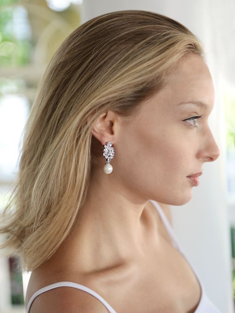 Mariell Bold Cz Cluster Wedding Bridal Earrings With Ivory Pearl Drops - Genuine Platinum Plated