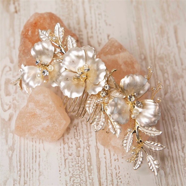 Opulent Multi Layer Matte Gold Floral Wedding Comb With Ivory Pearls And Crystal Accents