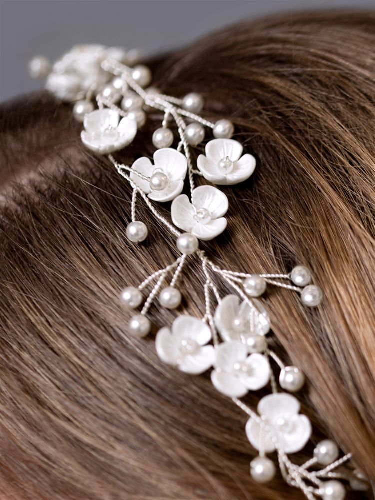 Designer Handmade Bridal Ribbon Headband With Soft Cream Flowers And Pearls