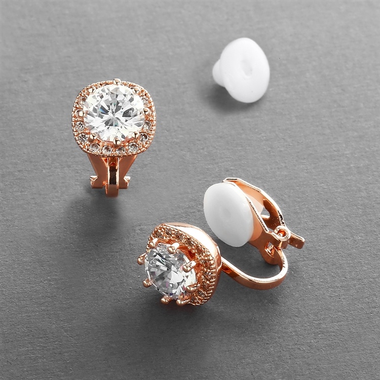 Rose Gold Cushion Shape 10Mm Halo Clip On Stud Earrings With Round Cz Solitaire