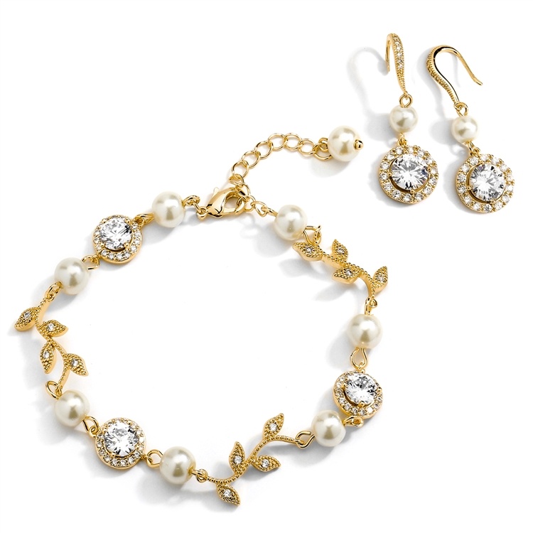 Ivory Pearl And Cubic Zirconia Bridal Bracelet And Earrings Set In 14K Gold