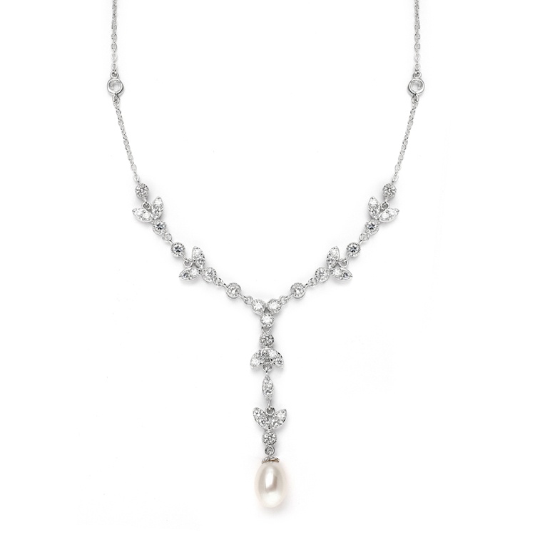 Freshwater Pearl & Cz Tulip Bridal Y Necklace For Weddings