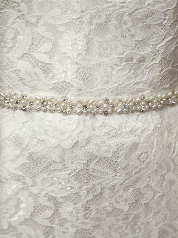 Ivory Pearl And Austrian Crystal Bridal Belt With Ribbon