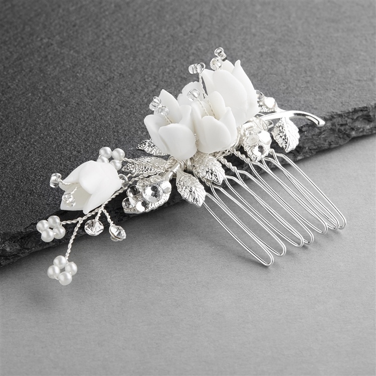 Bridal Hair Comb With Silver Leaves, White Resin Flowers And And Crystals