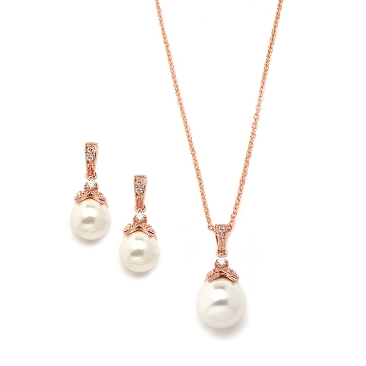 Rose Gold Pearl Drop Necklace Set With Vintage Cz