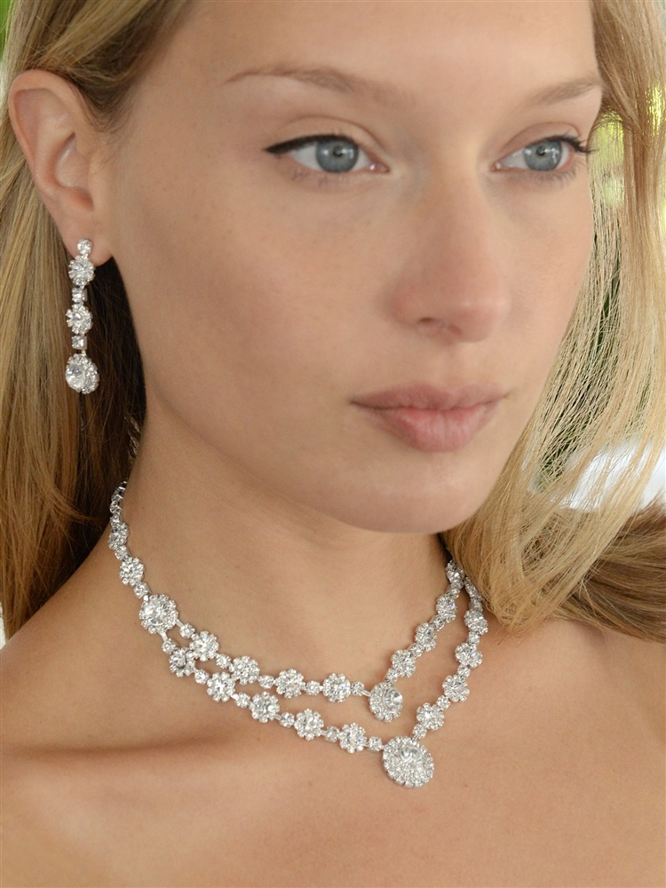 Best Selling Regal Silver 2-Row Rhinestone Necklace & Earrings Set