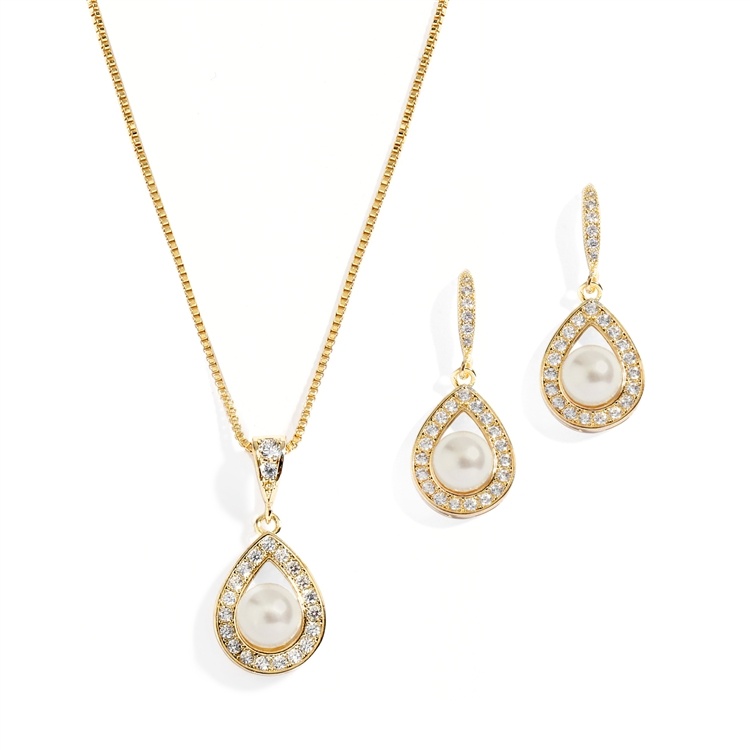 14K Gold Necklace & Earrings Set With Cz Framed Pearl