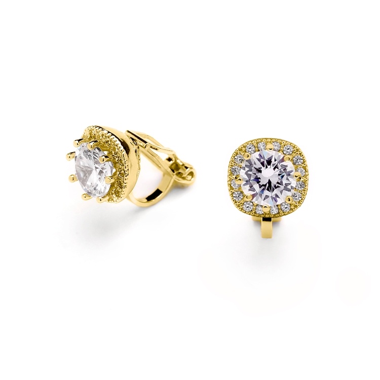 14K Gold Plated Cushion Shape Halo Clip On Earrings With Round Cz Solitaire