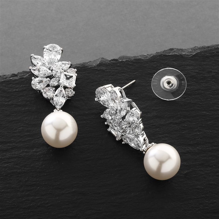 Mariell Bold Cz Cluster Wedding Bridal Earrings With Ivory Pearl Drops - Genuine Platinum Plated
