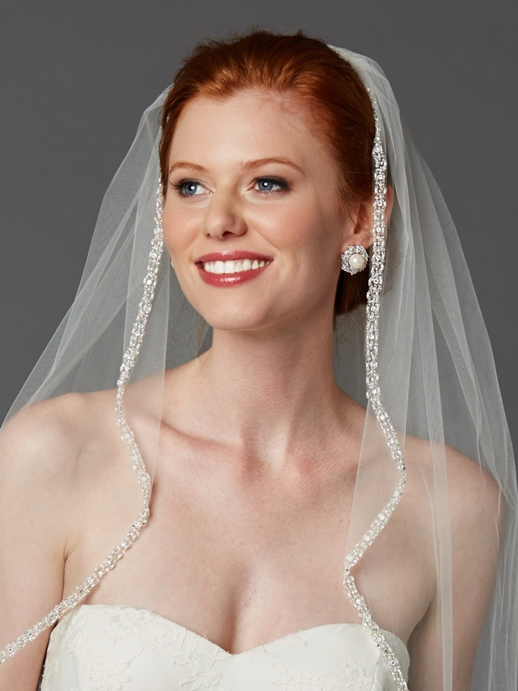 Rhinestone Edge Fingertip Wedding Veil With Pearls, Beads & Crystals - Ivory