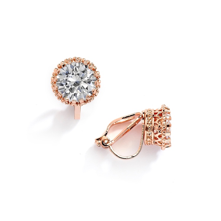 Rose Gold Crown Setting Clip-On 2.0 Carat Round Solitaire Cubic Zirconia Stud Earrings