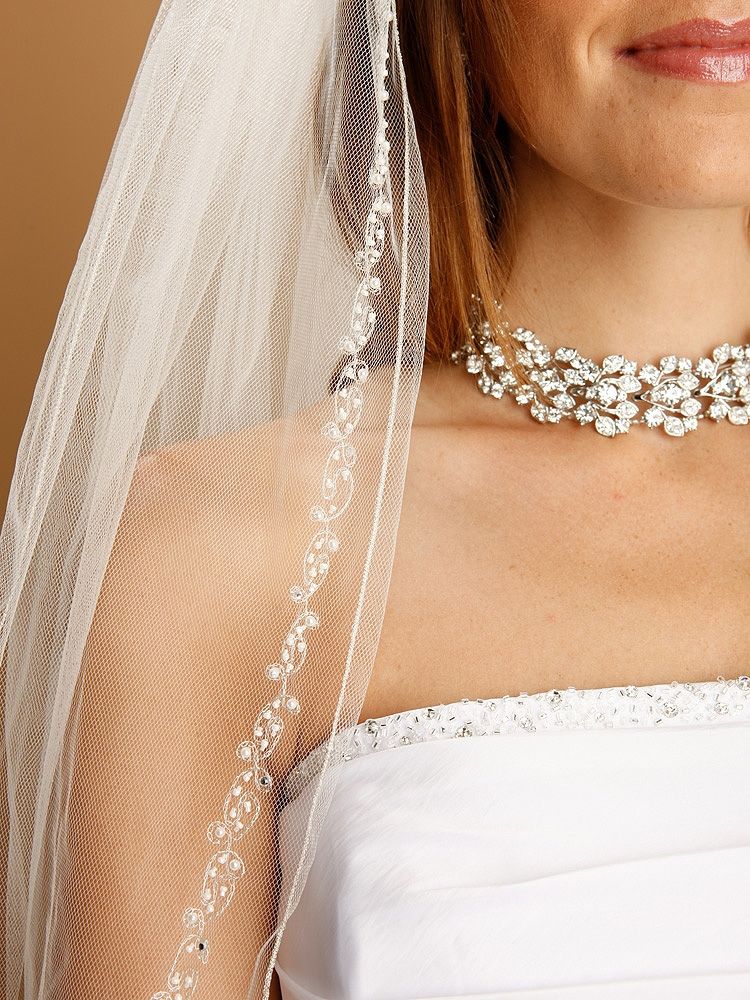 2-Row Ivory Fingertip Veil With Silver Pencil Edge, Pearls, Swarovski Crystals, Seeds & Chain