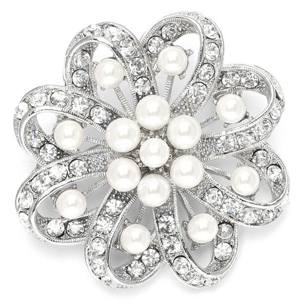 Regal Crystal & Pearl Swirl Vintage Wedding Brooch