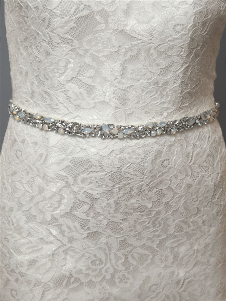 Silver Mosaic Bridal Belt With White Opal Crystals & Ivory Ribbon