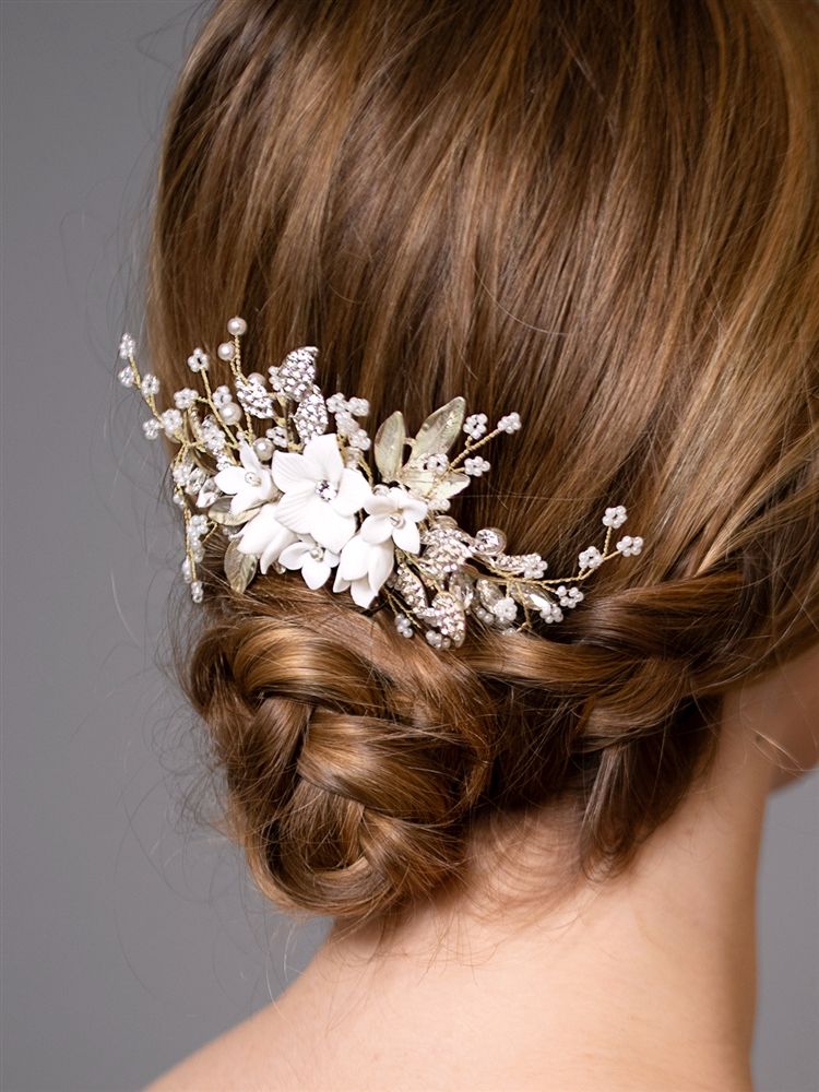 Light Gold Bridal Hair Comb With White Resin Flowers, Crystals & Pearl Sprays
