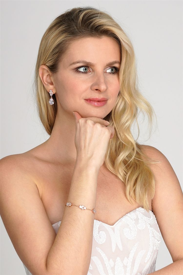 Cz Multi-Shape 14K Rose Gold Bracelet And Earrings Set With Adjustable Chain