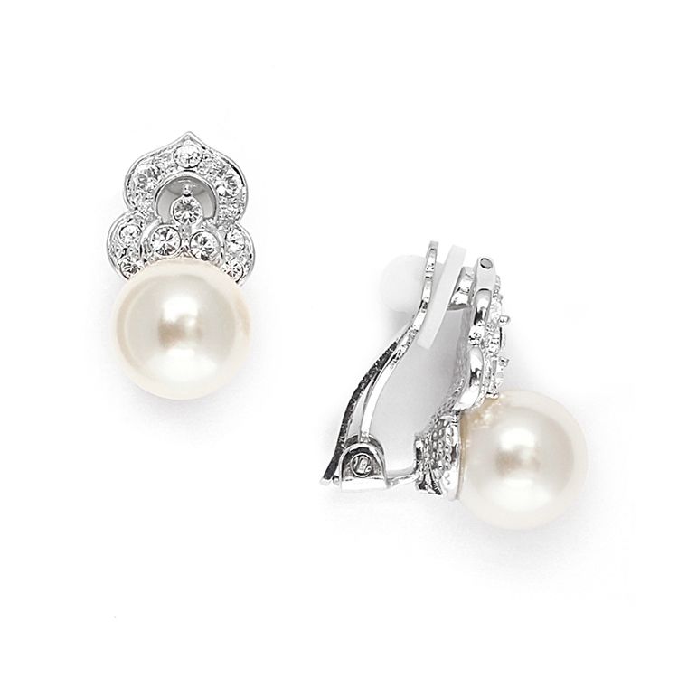 Cubic Zirconia & Soft Cream Pearl Clip-On Wedding Earrings