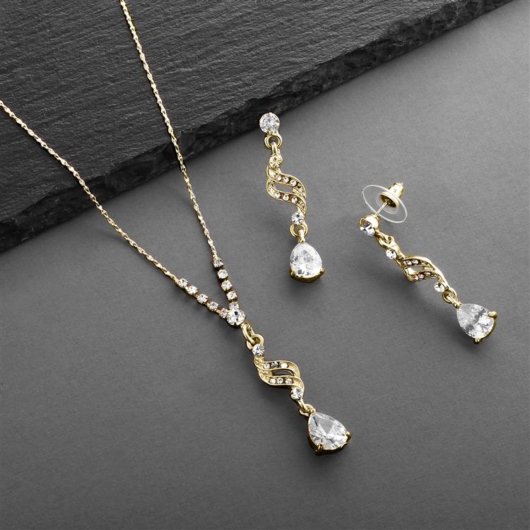 Dainty Gold Necklace & Earrings Set With Cz Teardrops