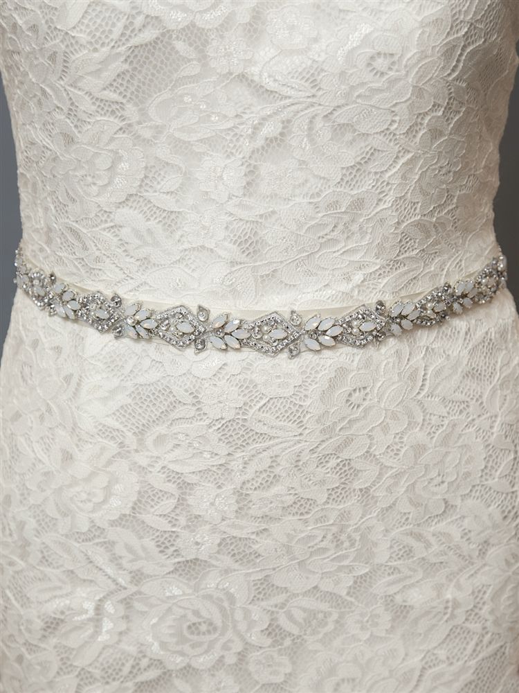 Silver Applique Bridal Belt With White Opals, Ivory Pearls & Austrian Crystal With Ivory Ribbon