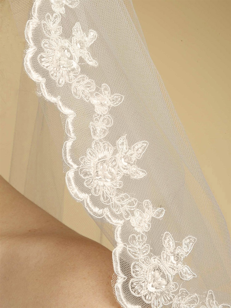 Lace Embroidered Mantilla Wedding Veil - White -