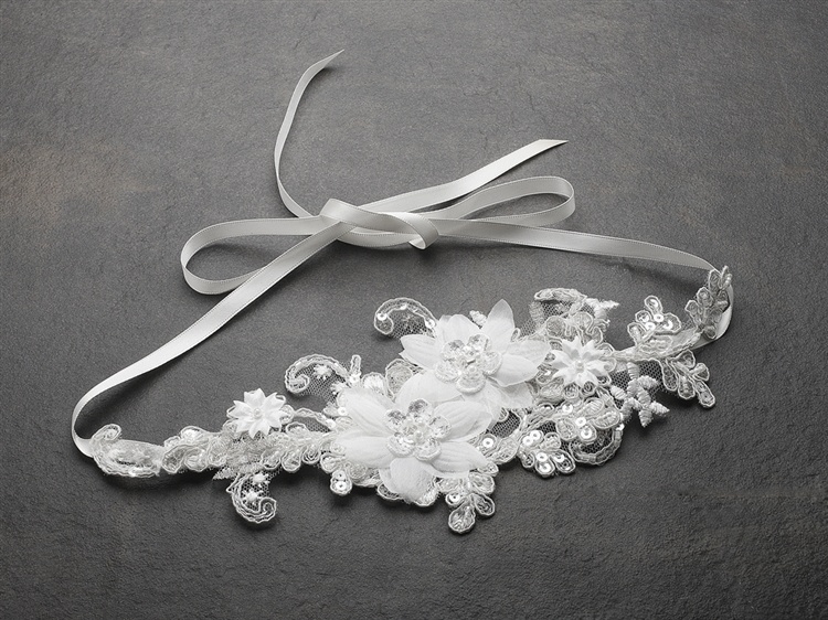 Luxurious White Lace Applique Wedding Ribbon Headband With Georgette Flowers