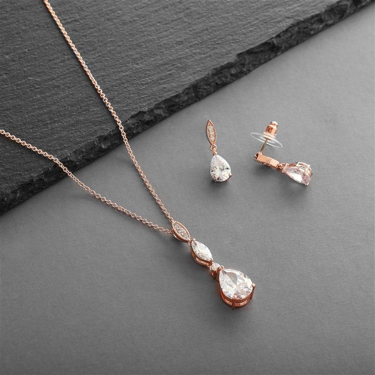 Rose Gold Bridal Necklace Set With Pave Top & Cubic Zirconia Pears