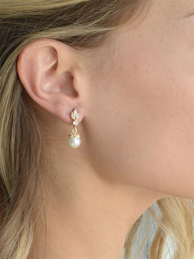 14K Gold Plated Cz Marquis Trio Earrings With Pearl Drop