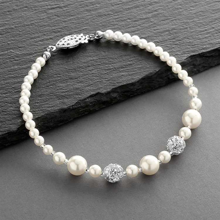 Plus Size Wedding Bracelet With Pearls & Rhinestone Fireballs - Ivory
