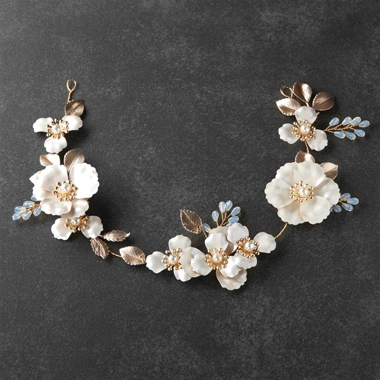 Matte Gold Bridal Hair Vine Couture Headpiece - Blush Enamel Metal Flowers & Opal Crystals