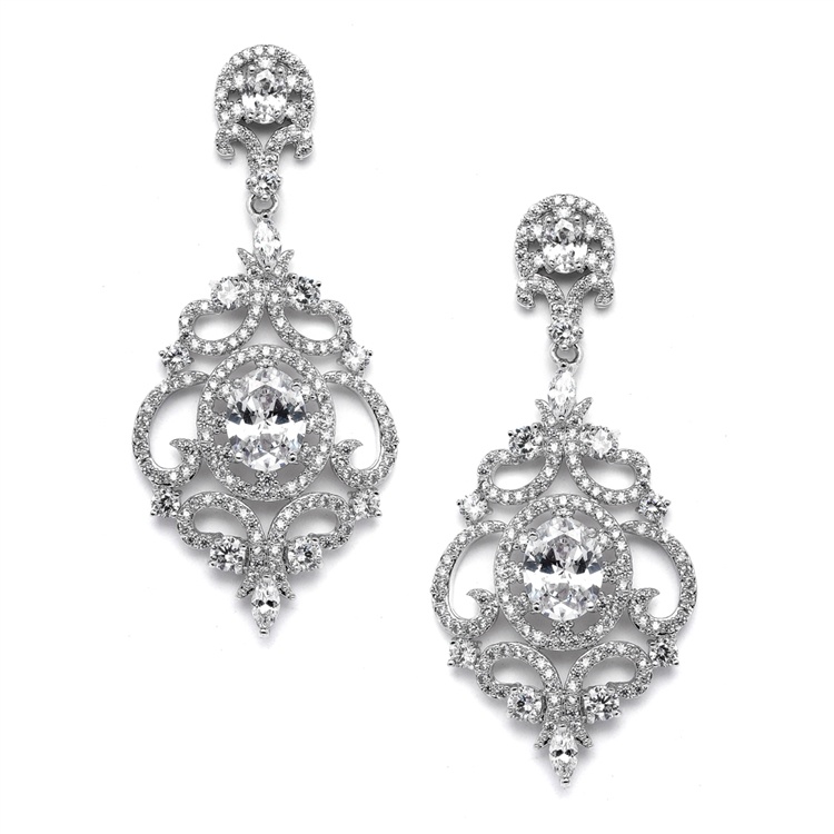 Victorian Scrolls Silver Rhodium Plated Cz Clip-On Wedding Chandelier Earrings