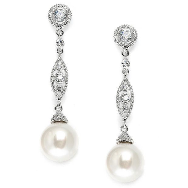 Dangle Wedding Earrings With Cz Filigree & Bold Pearl